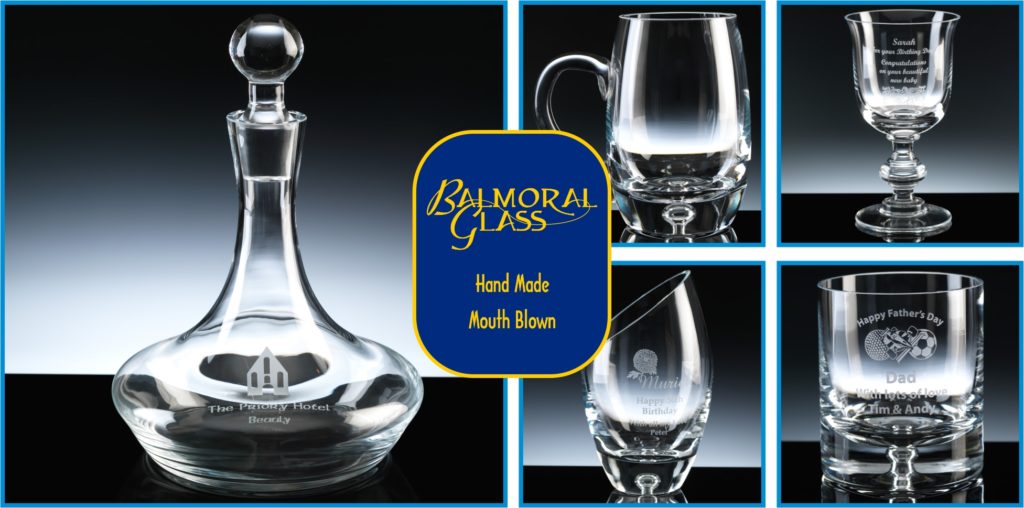 Balmoral Glass is a Range of Mouth Blown Hand Made Glass, exclusive to The Glass Scribe. Pictured is a Ships Decanter, Bubble Base Barrel Tankard, Chelsea Wine Glass, Bubble Base Barrel Vase and Bubble Base Tumbler