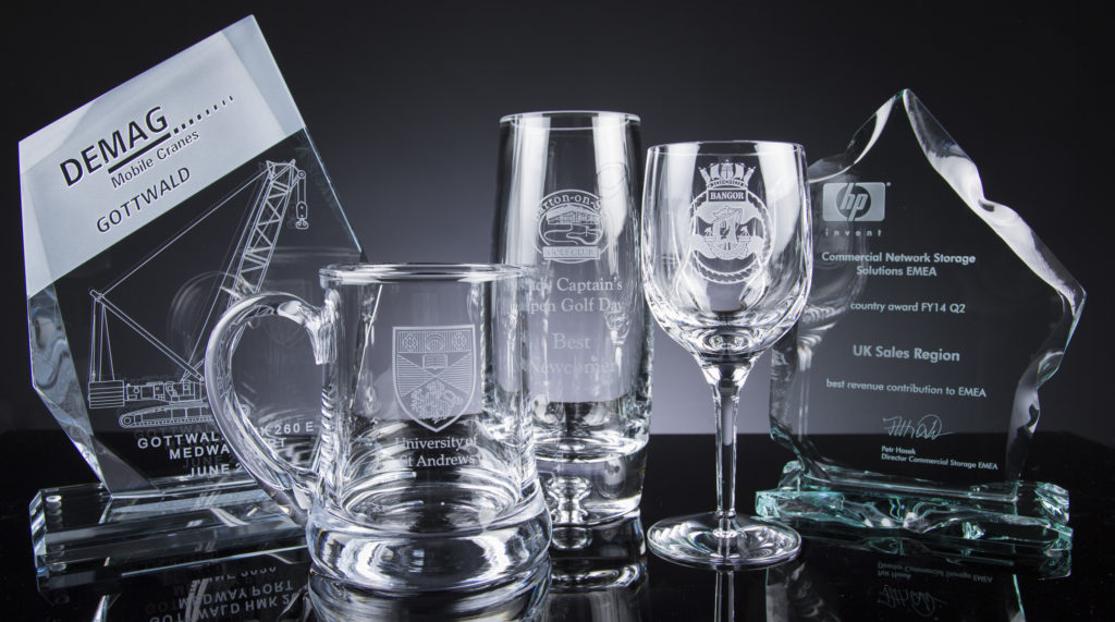 The Glass Scribe offer a Trade Engraving Service. Pictured is a few examples of our engraved glass and crystal.