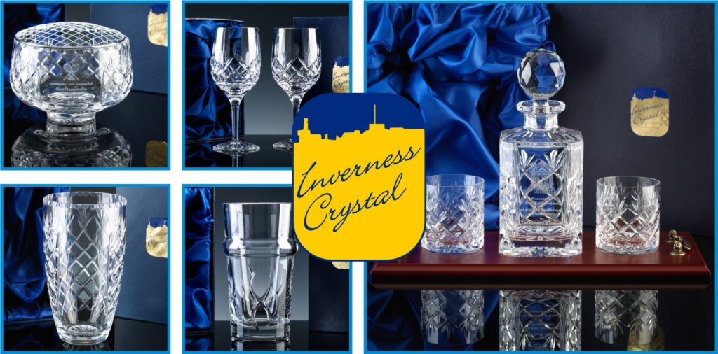 Inverness Crystal is a range of Cut Crystal items exclusive to The Glass Scribe. Pictured is a Rose Bowl, Pair of Wine Glasses, Barrel Vase, Beer Glass and a Whisky Set