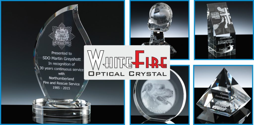 WhiteFire is a range of Optical Quality Crystal from The Glass Scribe. Pictured are a few pieces from the range, Glen Esk Flame, Globe in Hand, Cairngorm Column, Wedge Circle and Elevated Pyramid